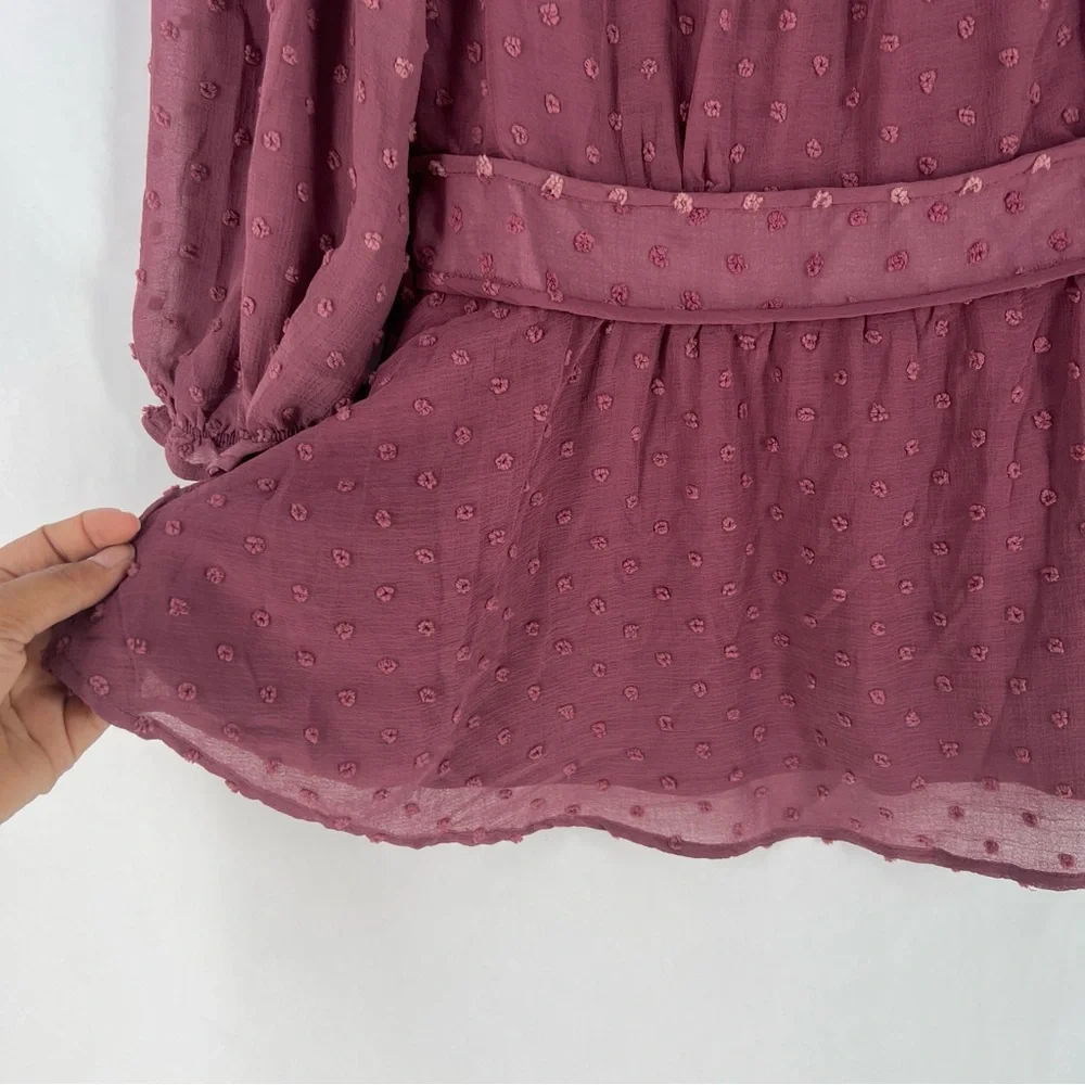 Monteau‎ Purple Sheer Swiss Dot Ruffle Neck 3/4 Sleeve Peplum Blouse NWT XL